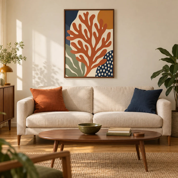 Coral Wall Art, framed on the wall of a mid-century living room in a UK flat with warm ivory walls