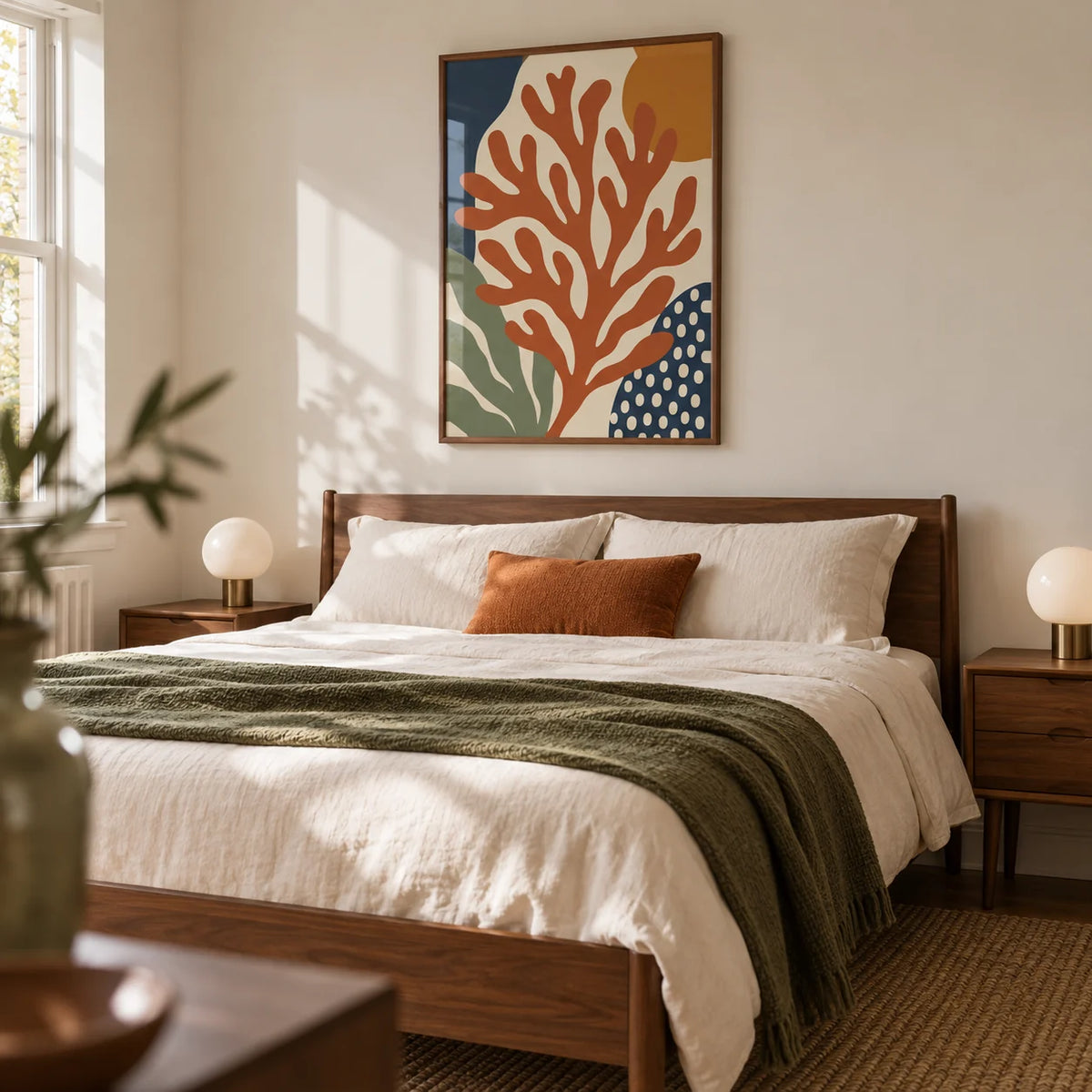 Coral Wall Art, framed on the wall of a restful mid-century bedroom in a UK home with a cream wall and walnut bedside tables
