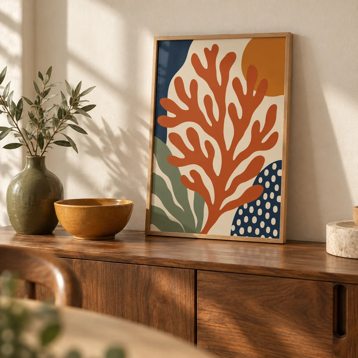 Coral Wall Art, a small A4 framed print leaning on a walnut sideboard in a living room