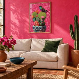 Nopal Art, framed on the wall of a bold Mexican-modern living room with a hot pink limewashed wall