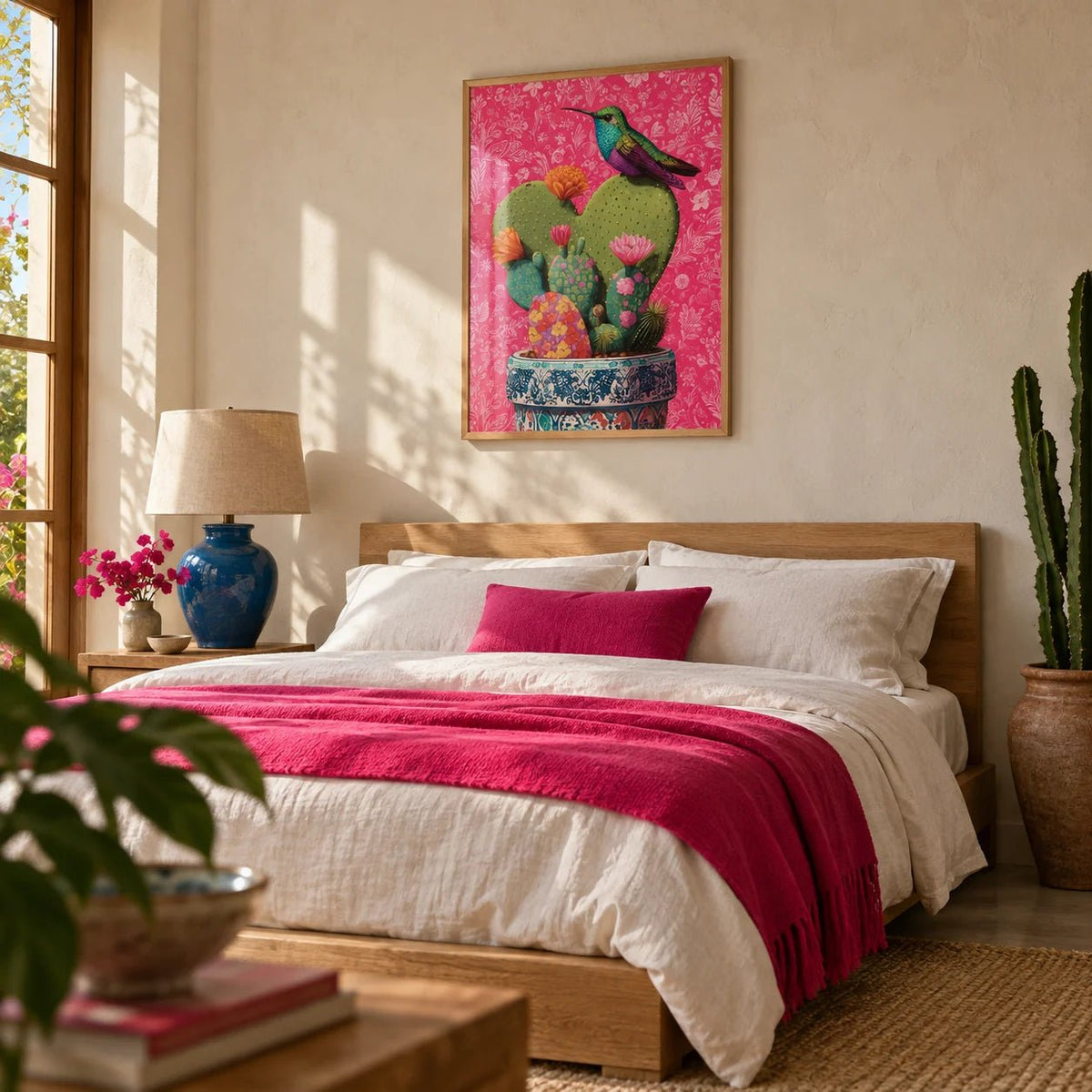 Nopal Art, framed on the wall of a Mexican-modern bedroom with warm white limewashed walls