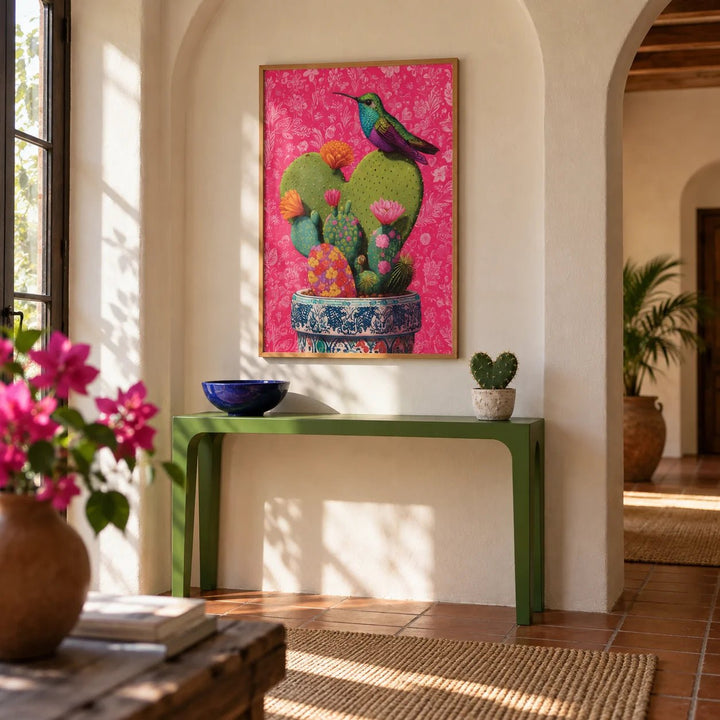 Nopal Art, framed on the wall of a Mexican-modern hallway with an arched plaster niche