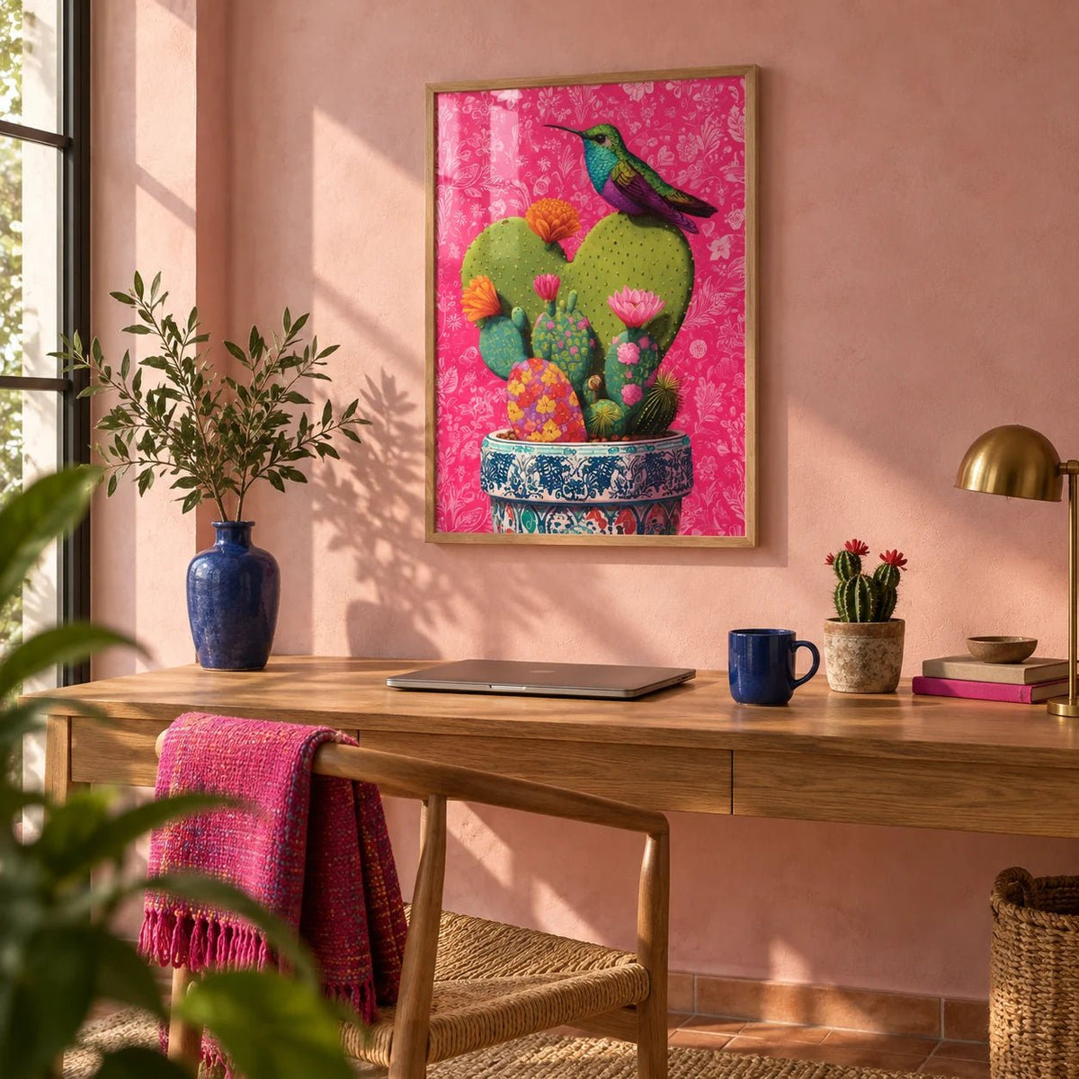 Nopal Art, framed on the wall of a Mexican-modern home office with a soft pink limewashed wall