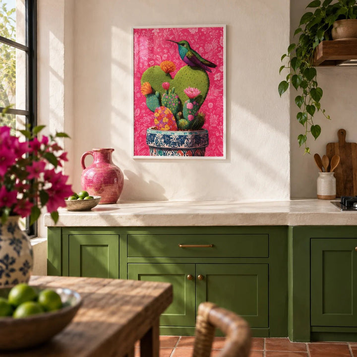 Nopal Art, framed on the wall of a Mexican-modern kitchen with solid cactus green painted cabinets and white plaster walls