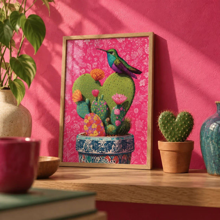 Nopal Art, a small A4 framed print leaning on an oak shelf in a living room