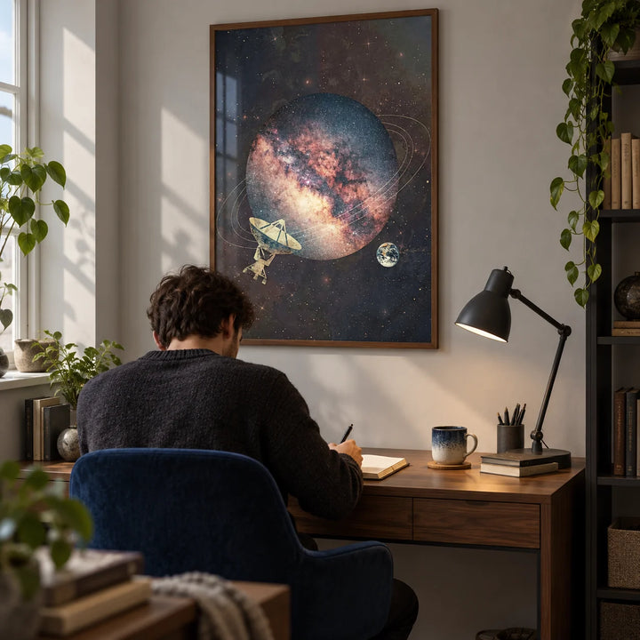 Cosmic Art Print, framed on the wall of a compact study in a young adult’s UK flat with a pale grey wall and a walnut desk