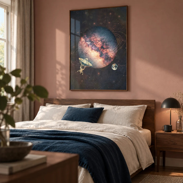 Cosmic Art Print, framed on the wall of a contemporary bedroom for a space-loving couple (25-35) in a UK maisonette with a muted dusty pink wall