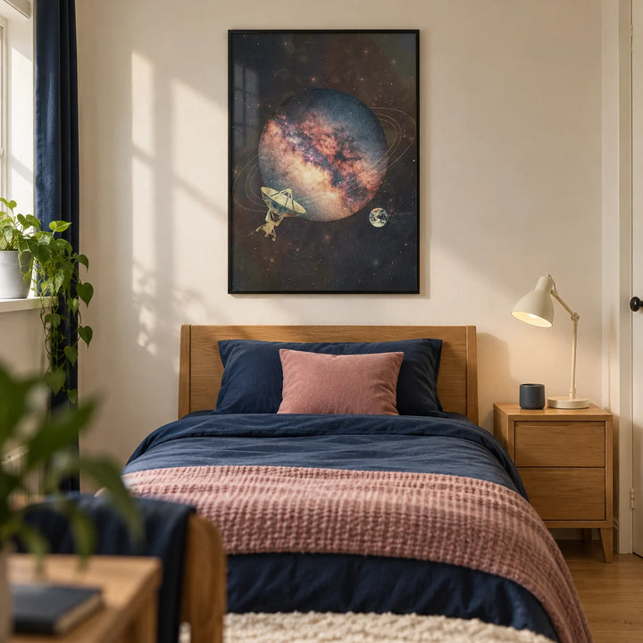 Cosmic Art Print, framed on the wall of a modern astronomy-loving teenager’s single bedroom (13-17) in a UK family home with a warm white wall and oak floor
