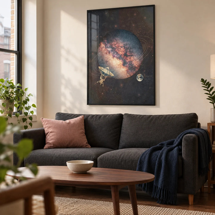 Cosmic Art Print, framed on the wall of a modern living room in a first UK flat (22-28) with a chalky cream wall and dark wood floor