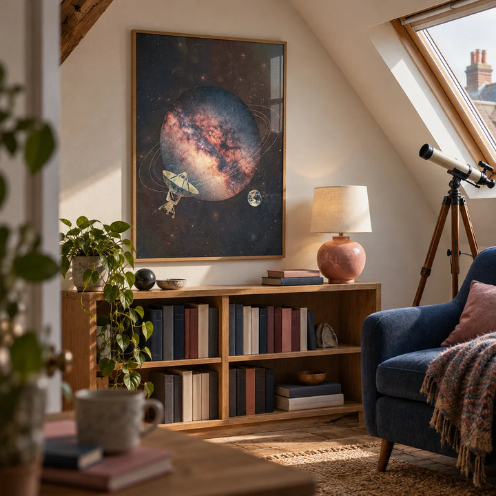 Cosmic Art Print, framed on the wall of a quiet attic reading room in a UK terraced house with a sloping ceiling and a warm off-white vertical end wall in a living room