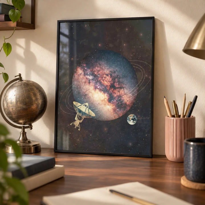 Cosmic Art Print, a small A4 framed print leaning on a walnut desk