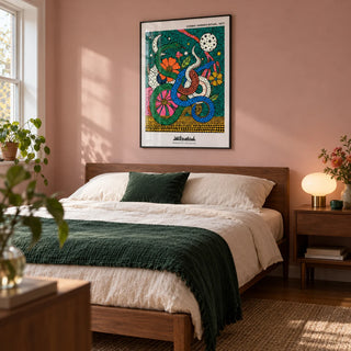 Cosmic Garden Print, framed on the wall of a contemporary bedroom in a UK maisonette with a muted pink wall and simple walnut furniture