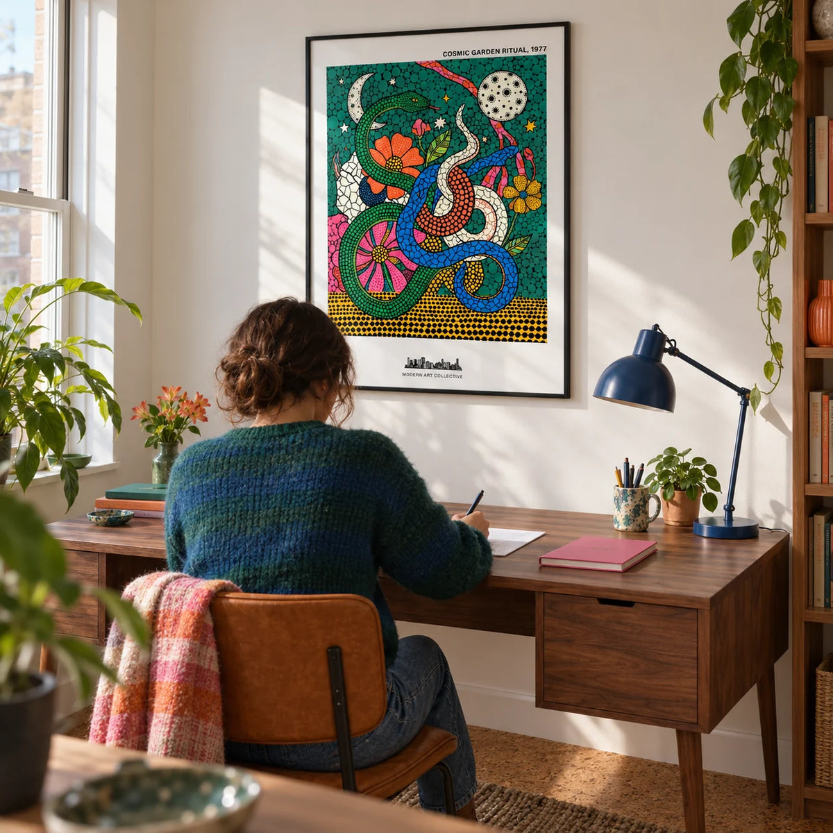 Cosmic Garden Print, framed on the wall of a creative home study in a UK flat with a soft white wall and a cork floor