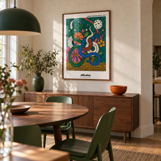Cosmic Garden Print, framed on the wall of a design-led dining room in a renovated UK terrace with pale plaster walls