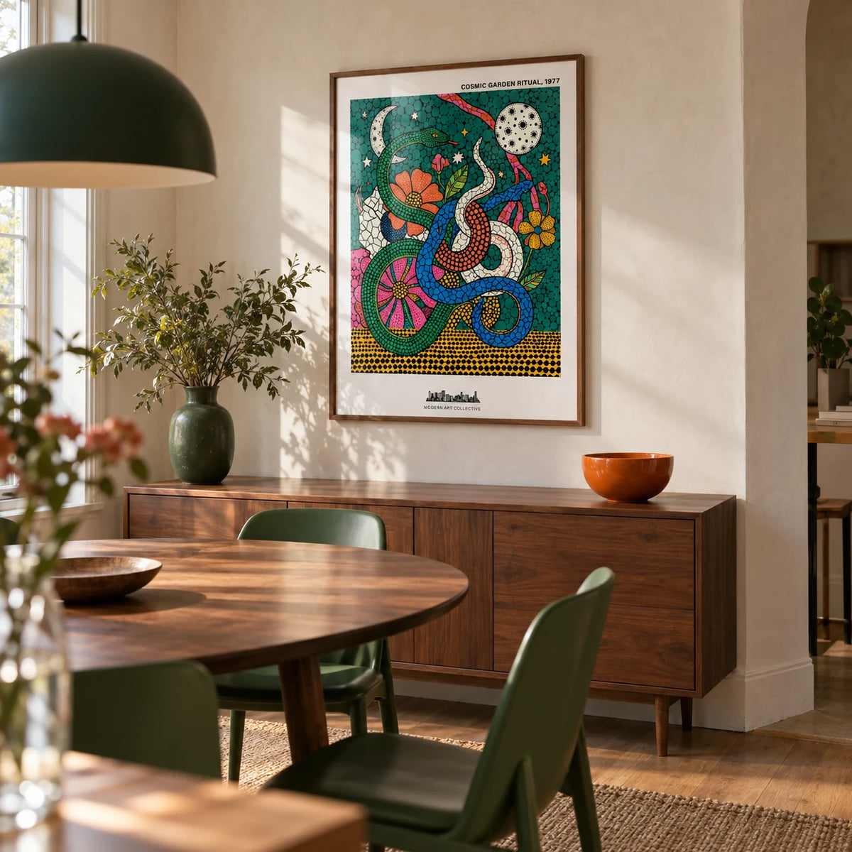 Cosmic Garden Print, framed on the wall of a design-led dining room in a renovated UK terrace with pale plaster walls