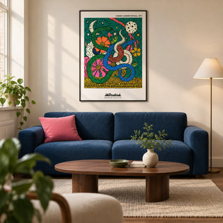 Cosmic Garden Print, framed on the wall of a modern living room in a UK city flat with warm white walls