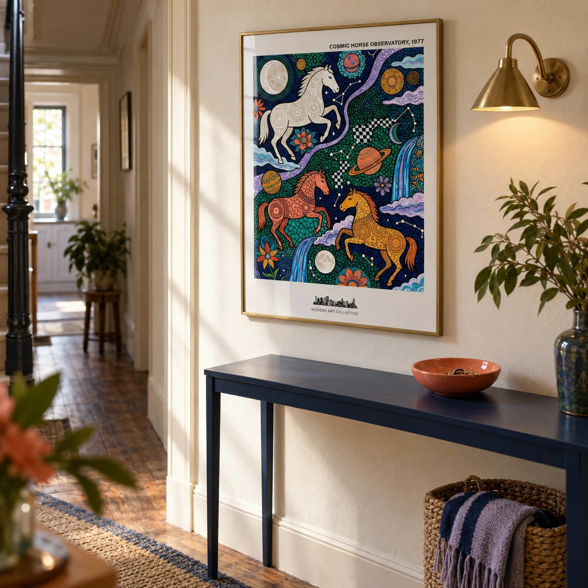 Cosmic Horse Art Print, framed on the wall of a characterful hallway in a renovated UK terraced house with warm white plaster walls and original wood floorboards