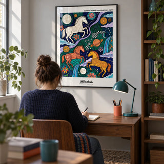Cosmic Horse Art Print, framed on the wall of a compact creative home study in a UK flat with a pale grey wall and walnut shelving