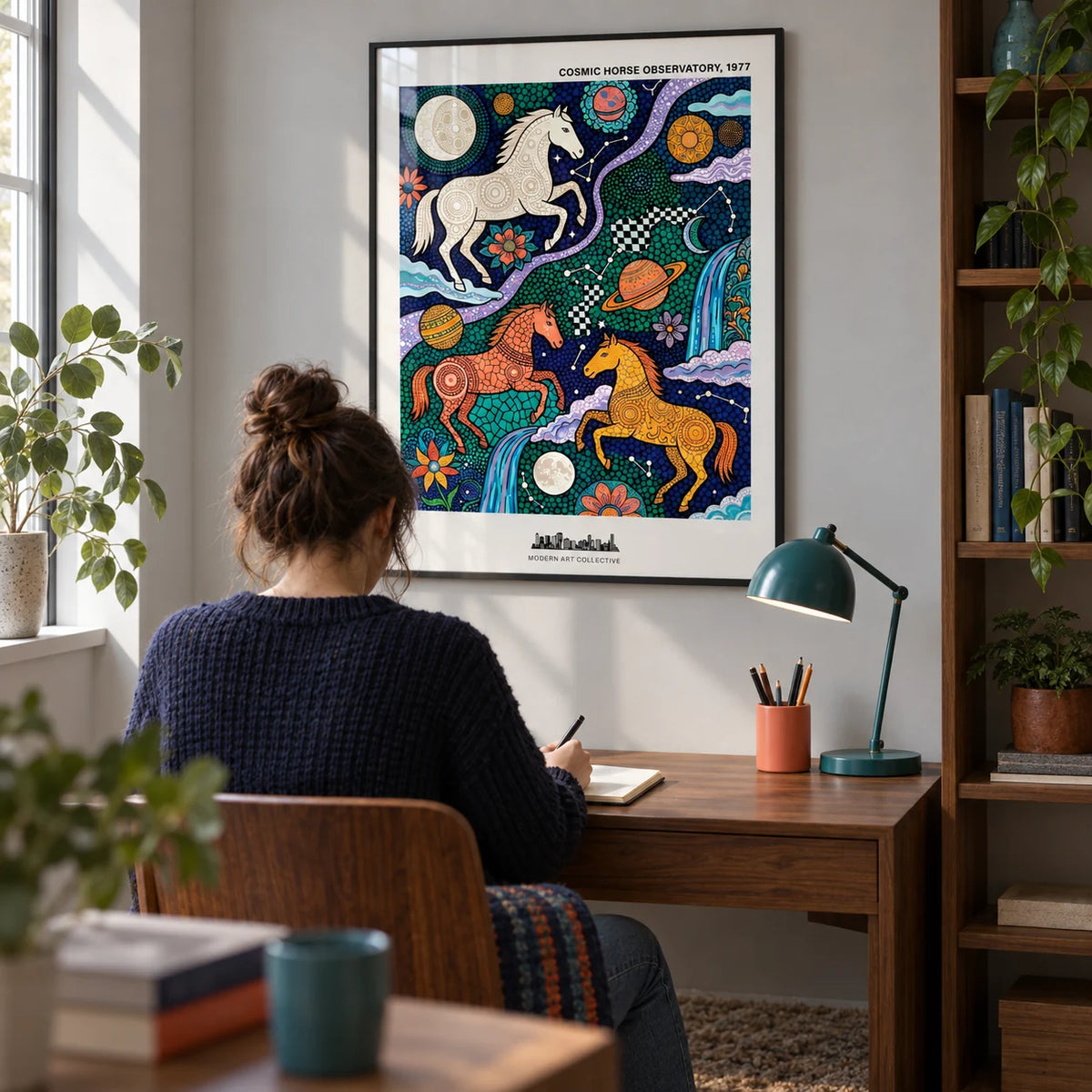 Cosmic Horse Art Print, framed on the wall of a compact creative home study in a UK flat with a pale grey wall and walnut shelving