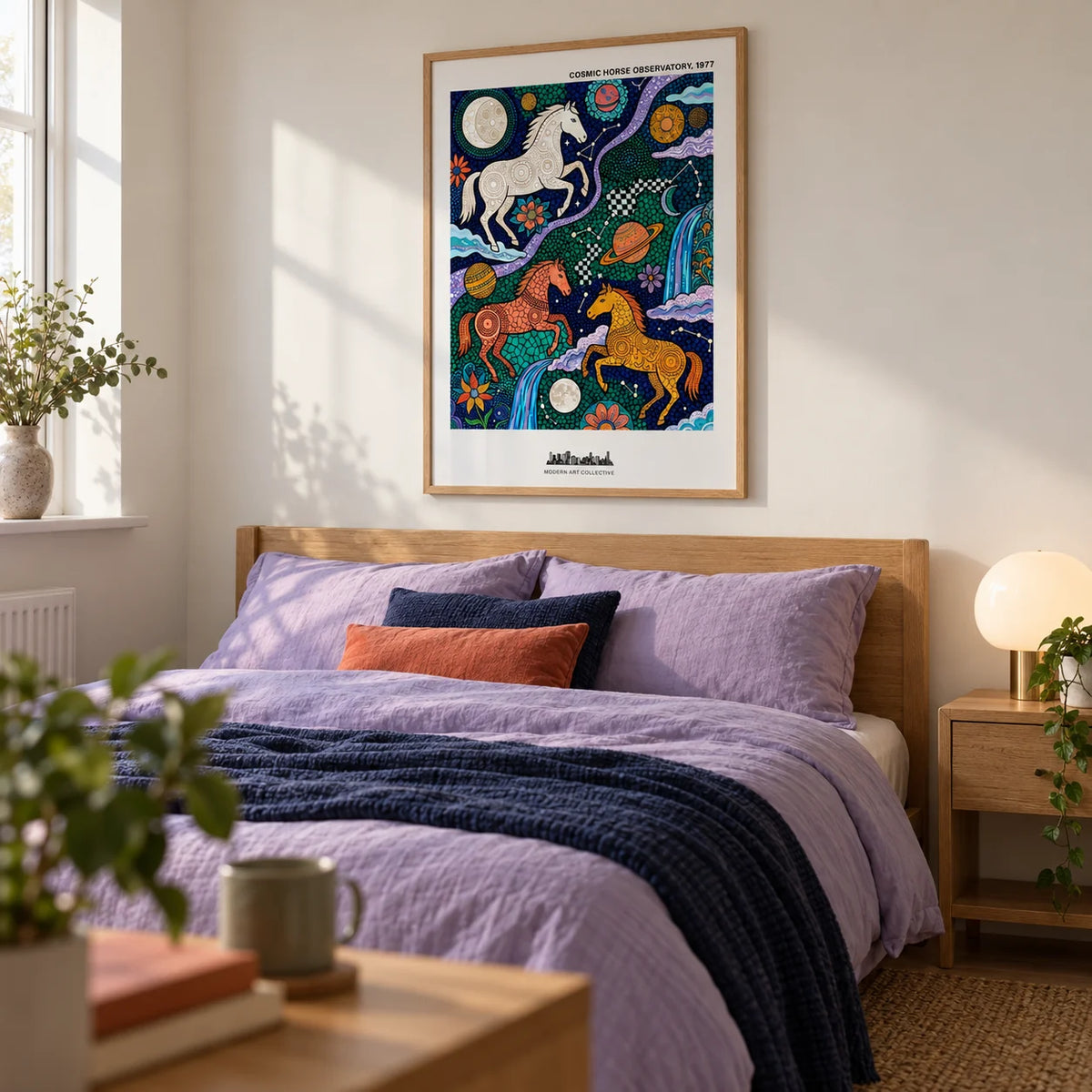Cosmic Horse Art Print, framed on the wall of a contemporary bedroom in a young couple's UK terrace with a soft off-white wall