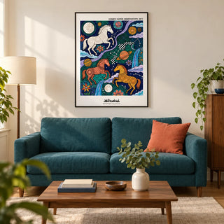 Cosmic Horse Art Print, framed on the wall of a creative living room in a UK city flat with warm white walls