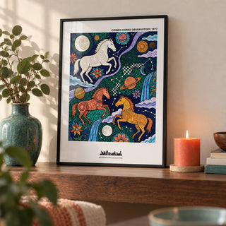 Cosmic Horse Art Print, a small A4 framed print leaning on a walnut shelf in a living room