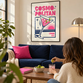 Cosmopolitan Cocktail Art Print, framed on the wall of a bright modern living room in a young adult city flat with a warm white wall