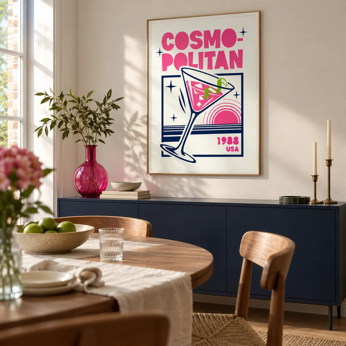 Cosmopolitan Cocktail Art Print, framed on the wall of a contemporary dining room in a UK terraced home with an ivory wall and pale timber flooring