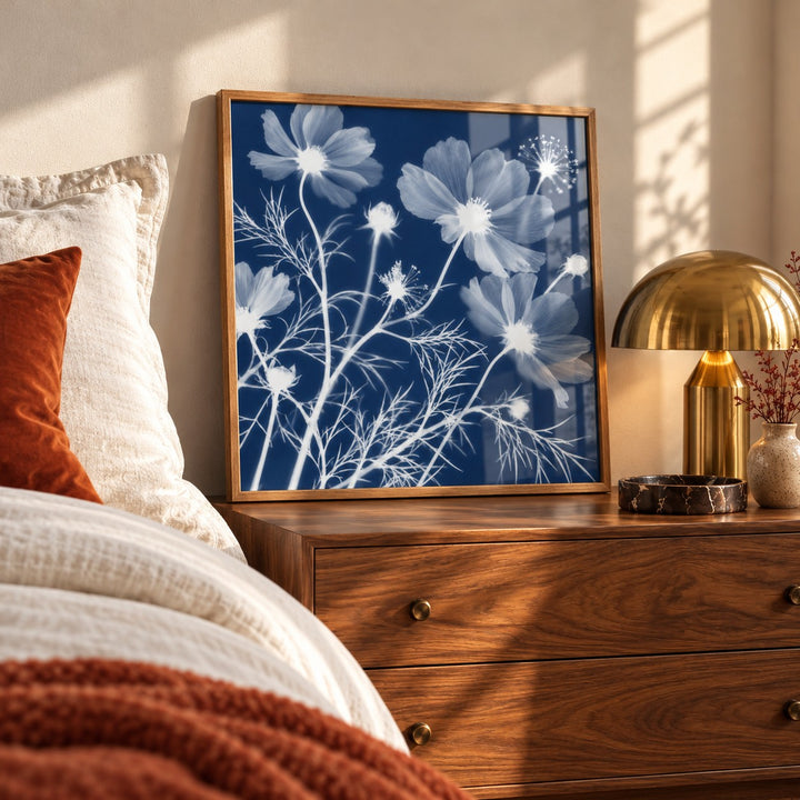 Cosmos Cyanotype Print styled on a bedside chest (frame not included)