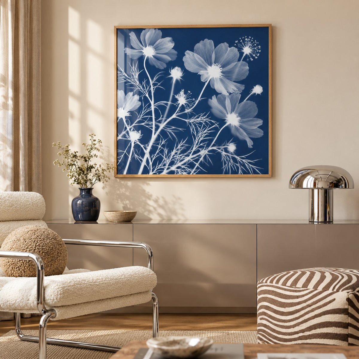 Cosmos Cyanotype Print styled above a sideboard (frame not included)
