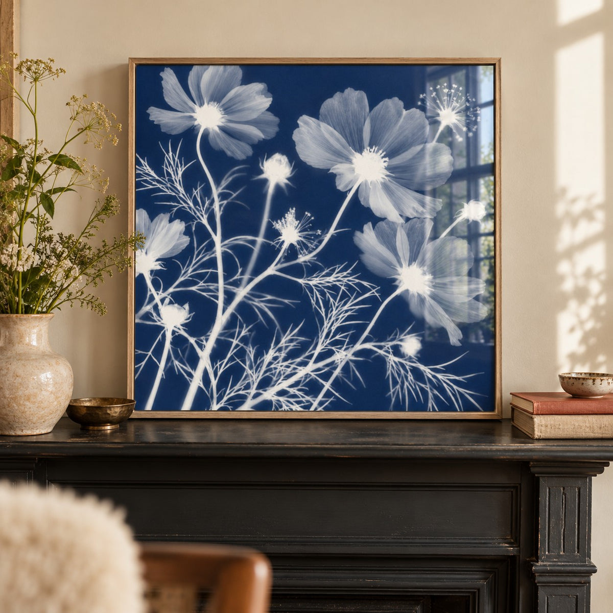 Cosmos Cyanotype Print styled on a mantelpiece (frame not included)