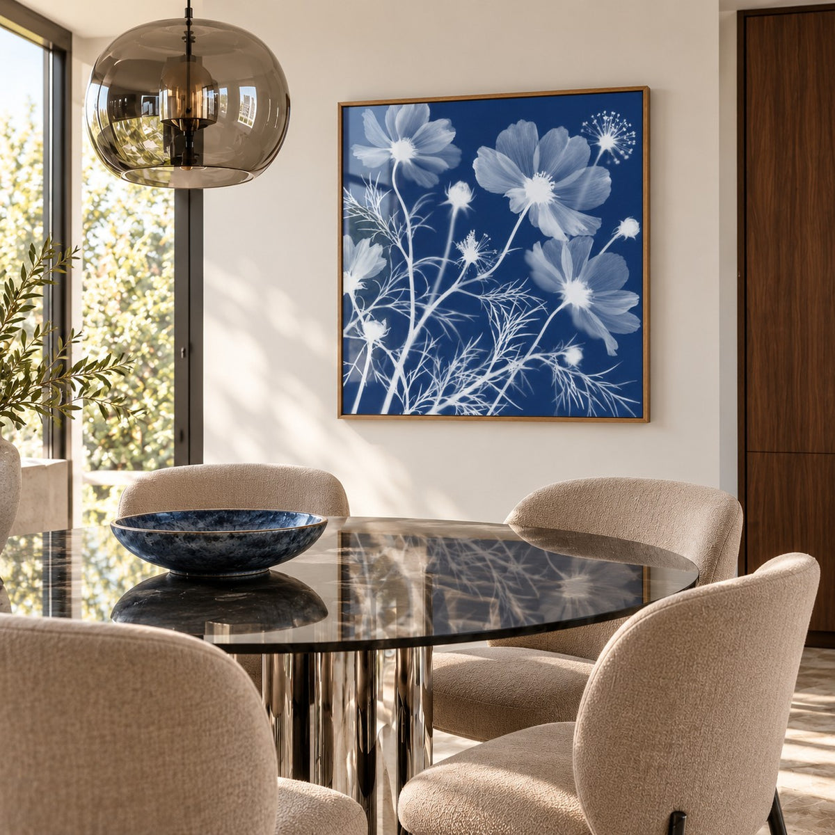 Cosmos Cyanotype Print styled in a dining room (frame not included)