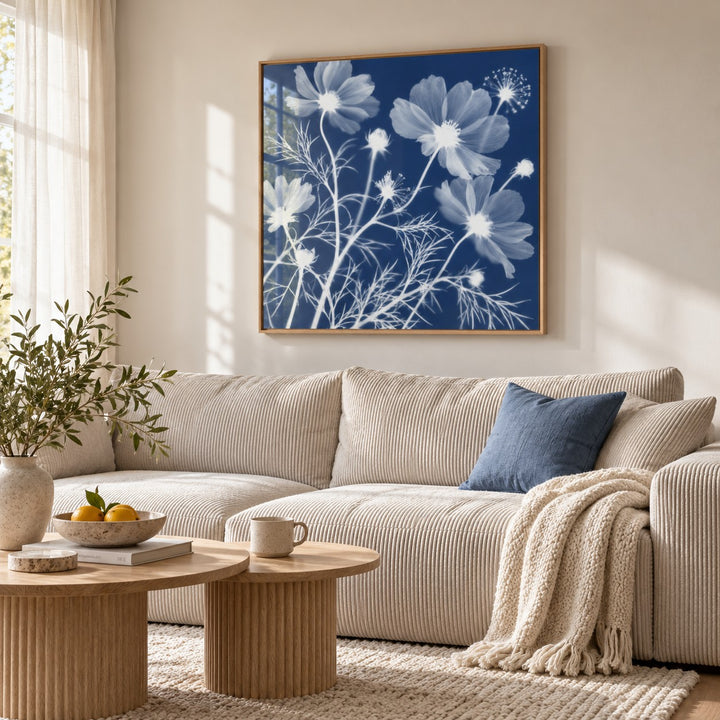 Cosmos Cyanotype Print styled above a living room sofa (frame not included)