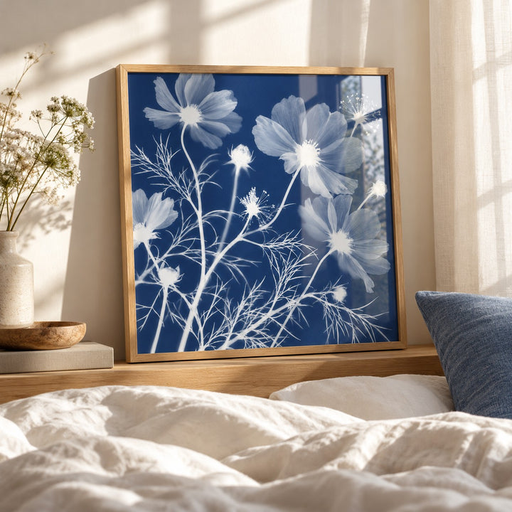 Cosmos Cyanotype Print styled leaning by a bed (frame not included)