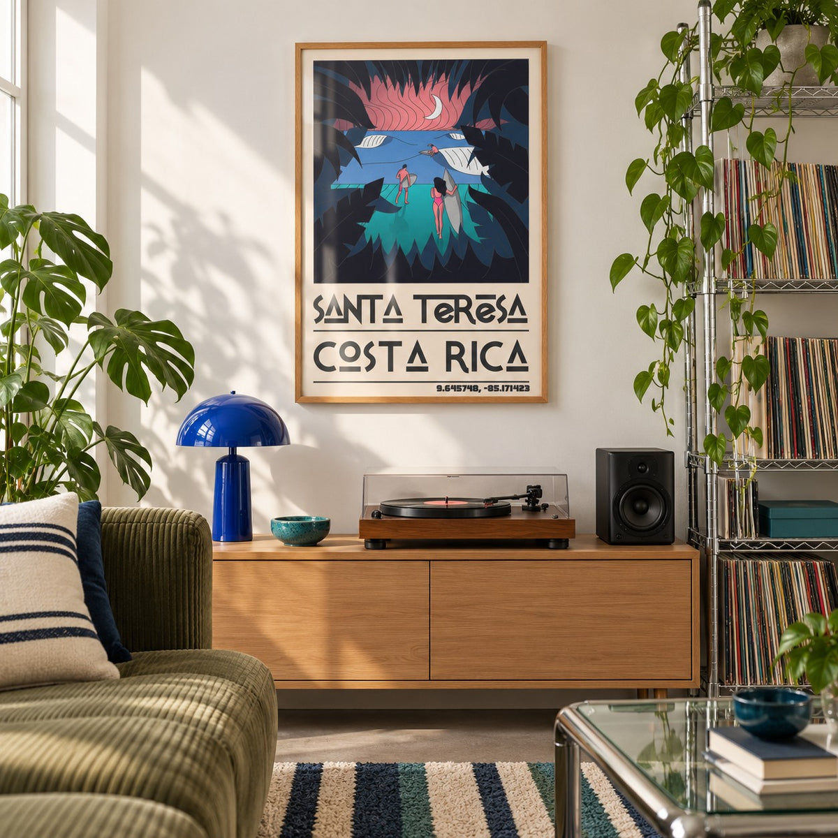 Costa Rica Surf Art shown in a city apartment record corner (frame not included)