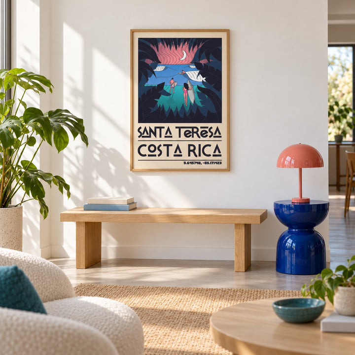 Costa Rica Surf Art shown in a colourful minimalist living room with a bench (frame not included)