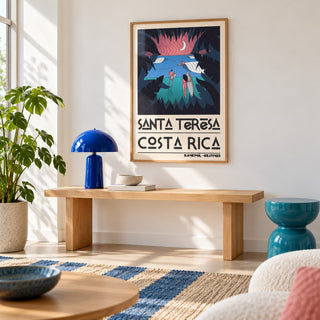 Costa Rica Surf Art shown in a minimalist living room with an oak console (frame not included)