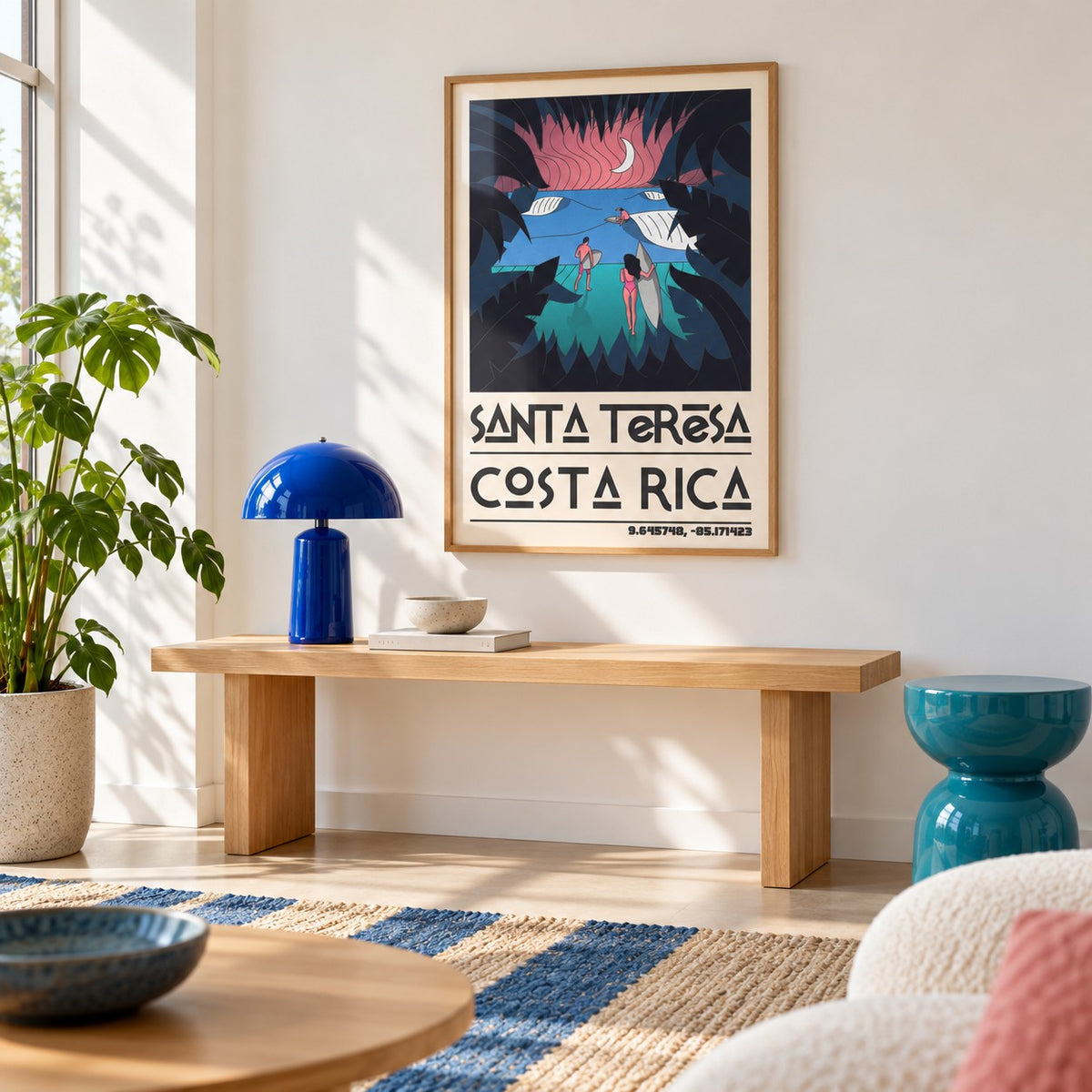 Costa Rica Surf Art shown in a minimalist living room with an oak console (frame not included)