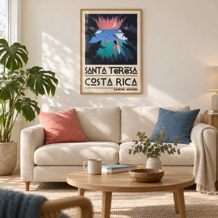 Costa Rica Surf Art, framed on the wall of a modern coastal living room in a UK first flat (22-30)