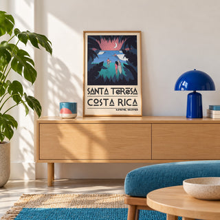 Costa Rica Surf Art shown in the small A4 size on a styled console (frame not included)