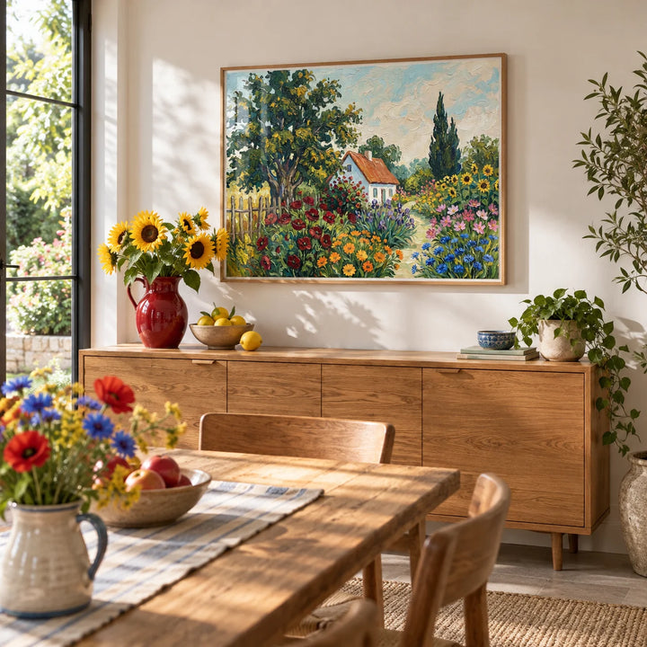 Cottage Garden Art Print, framed on the wall of a bright dining room opening onto a garden with a white wall