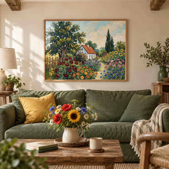 Cottage Garden Art Print, framed on the wall of a cosy cottage living room with a warm cream wall and beams