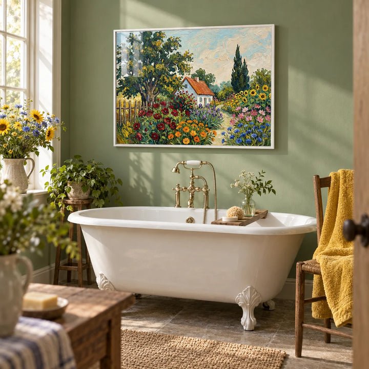 Cottage Garden Art Print, framed on the wall of a country bathroom with a soft green painted wall
