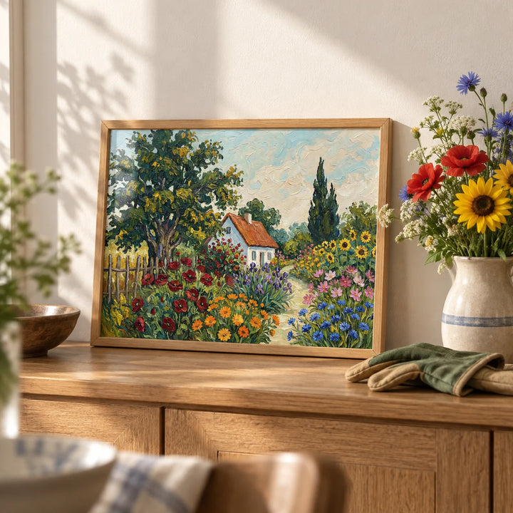 Cottage Garden Art Print, a small A4 framed print leaning on an oak sideboard in a living room