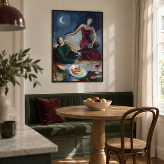 Couple Dinner Wall Art, framed on the wall of a bright dining nook in a renovated UK maisonette with an ivory wall