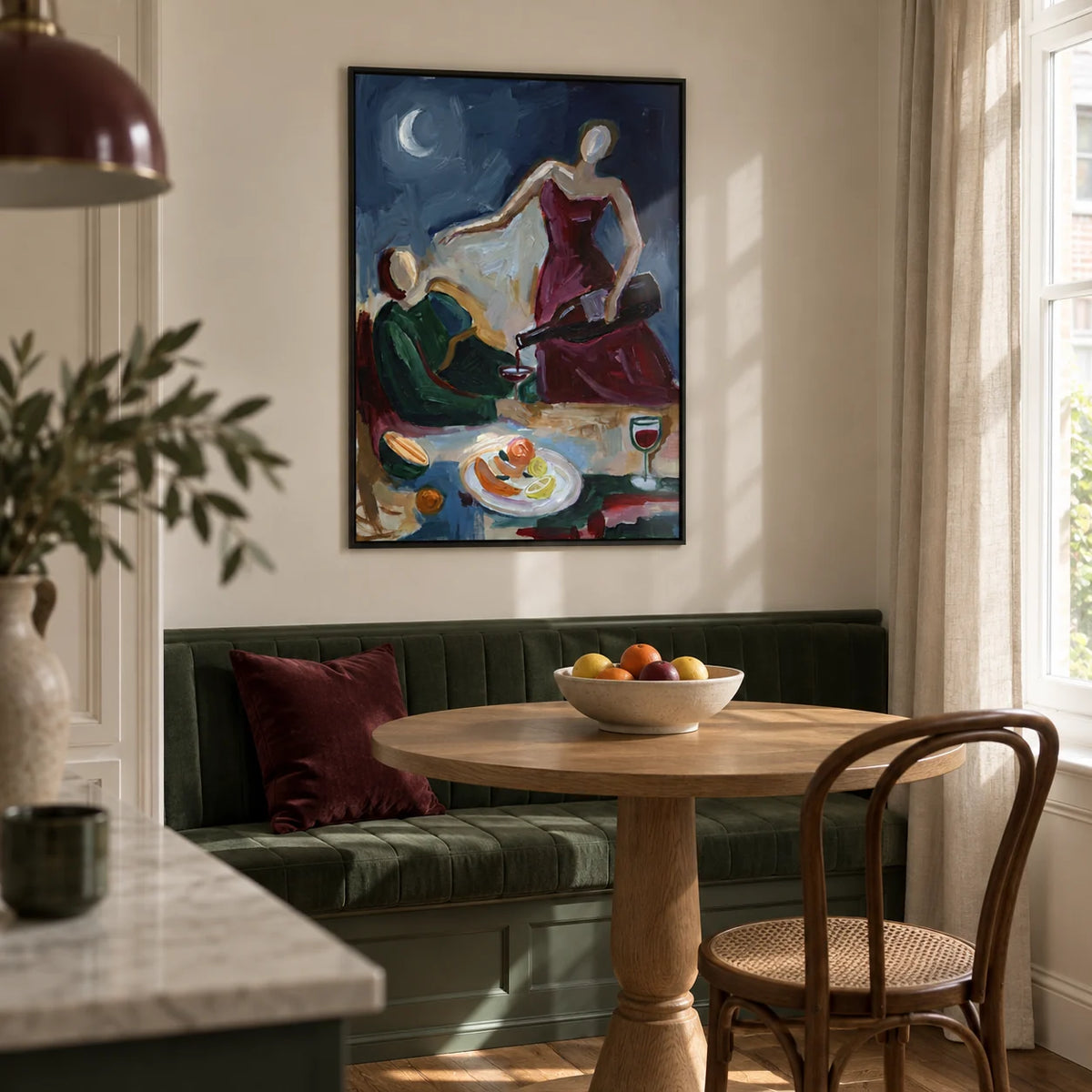 Couple Dinner Wall Art, framed on the wall of a bright dining nook in a renovated UK maisonette with an ivory wall
