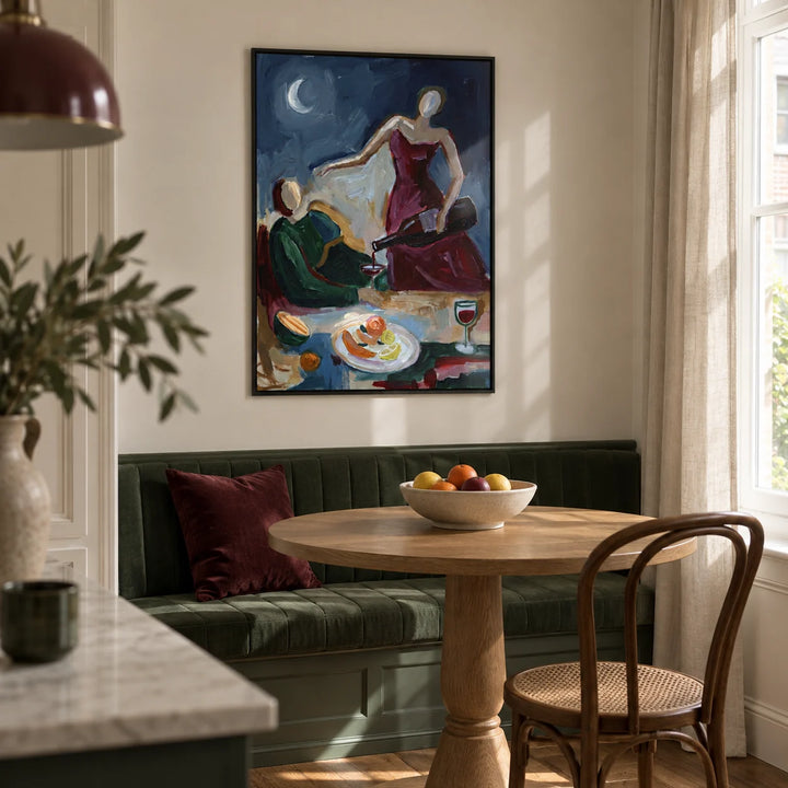 Couple Dinner Wall Art, framed on the wall of a bright dining nook in a renovated UK maisonette with an ivory wall