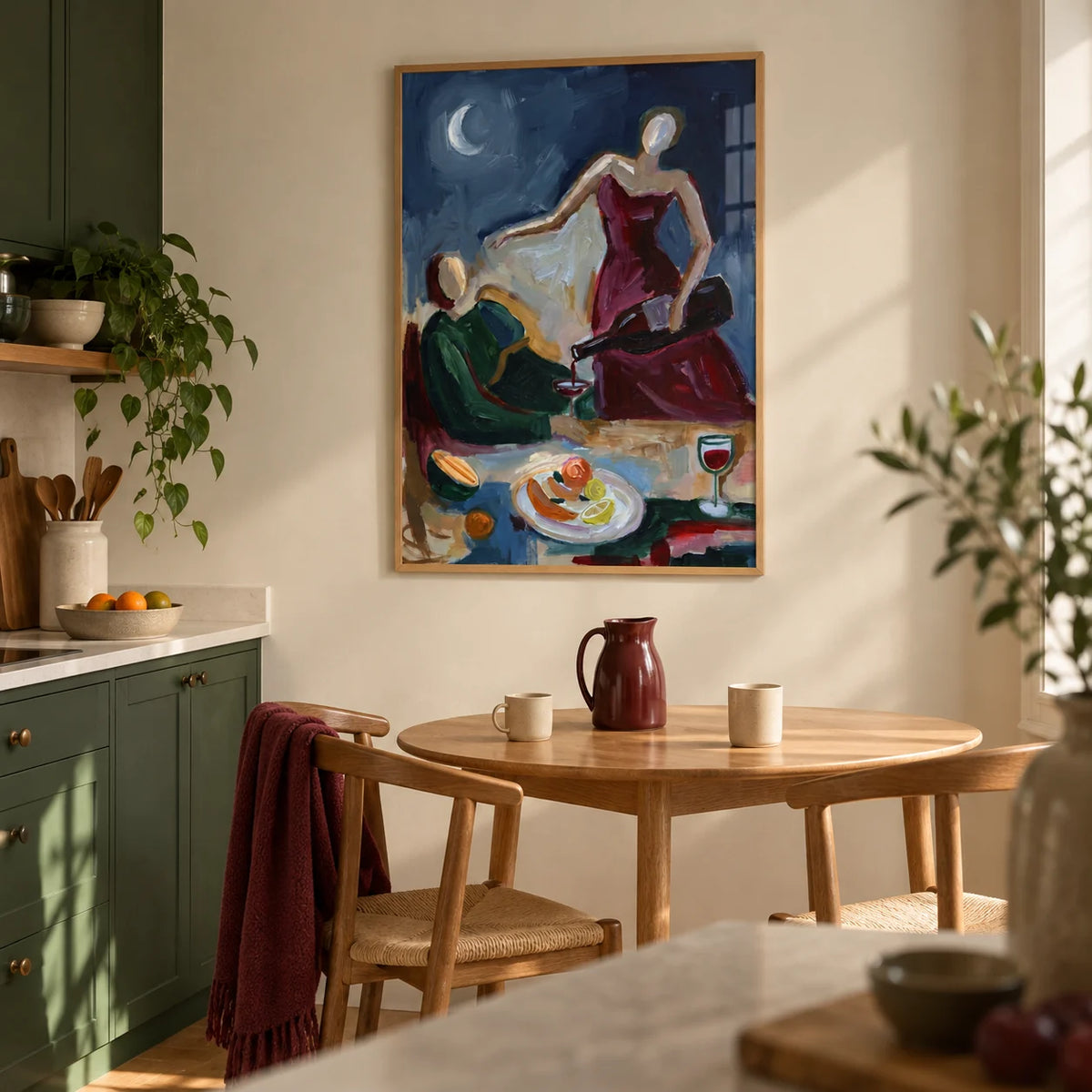 Couple Dinner Wall Art, framed on the wall of a compact kitchen breakfast corner in a couple's first flat (25-32)