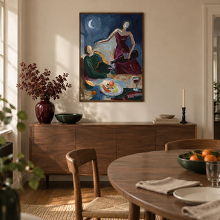 Couple Dinner Wall Art, framed on the wall of a contemporary dining room in a UK terraced home with warm cream plaster walls and oak floorboards