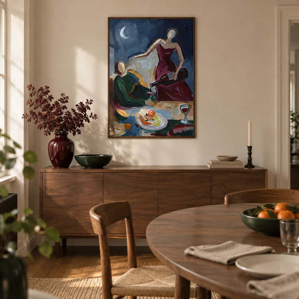 Couple Dinner Wall Art, framed on the wall of a contemporary dining room in a UK terraced home with warm cream plaster walls and oak floorboards